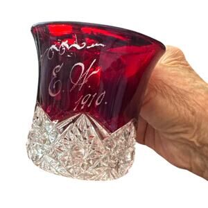 Antique 1910 Ruby Flash Pressed Glass Engraved Souvenir Cup